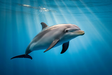 Fototapeta premium Dolphin swimming underwater with sun rays ocean