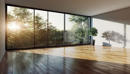 Obraz premium Sunlit Room and Nature's View: Expansive floor-to-ceiling windows flood a modern interior with natural light, offering a panoramic view of a lush green landscape.