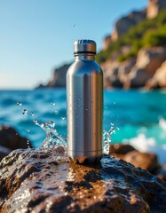 Stainless Steel Water Bottle on Rock with Splashing Water by Turquoise Sea