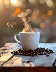 Steaming Coffee Cup with Beans on Rustic Wood, Golden Hour Light