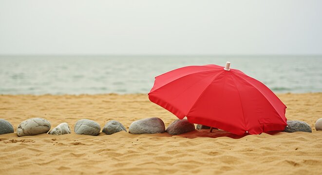 Vibrant red umbrella on a tranquil sandy beach by the sea. - Powered by Adobe
