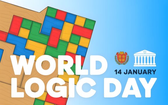 World logic day celebration with colorful blocks and iconic symbols - Powered by Adobe