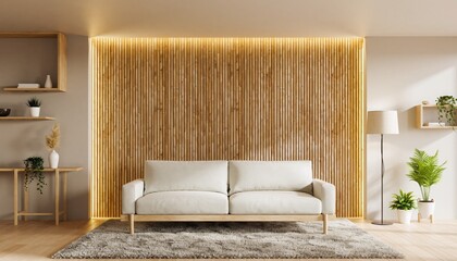 Fototapeta premium Modern Living Room Interior: A modern and inviting living room interior design featuring a minimalist aesthetic, warm tones, and natural elements. Perfect for showcasing a sense of home and comfort.