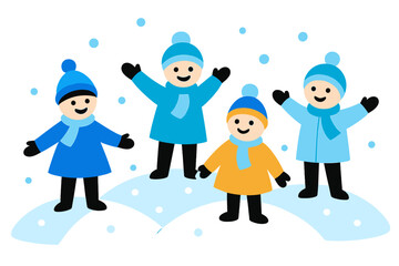 Fototapeta premium Colorful Winter Kids. Kids in Colorful Winter Clothes. Flat minimalist vector illustration of Kids in Colorful