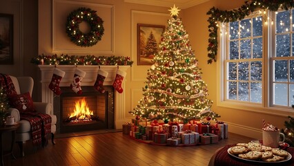 Cozy living room decorated for Christmas with a lit tree, fireplace, and holiday ornaments