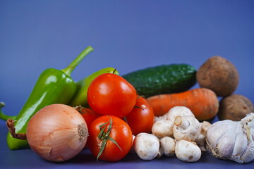 Various vegetables are laid out on the table: celery, carrot, cucumber, tomato, potato, mushrooms, onion, garlic, pepper.