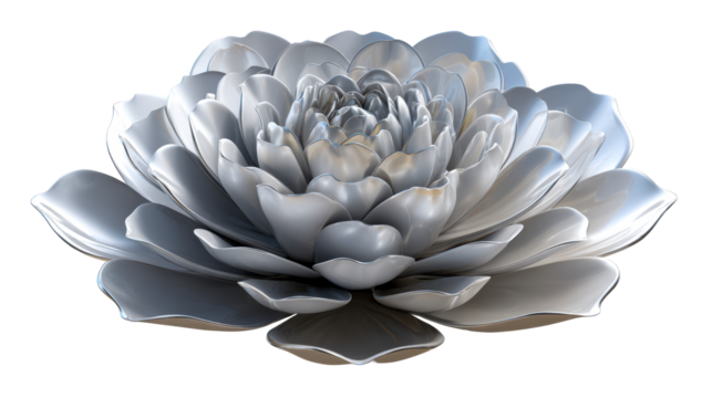 Abstract metallic flower with intricate layered petals and reflective surfaces, perfect for luxury branding, cosmetic marketing, and elegant decorative applications.