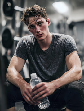 A dramatic, vertical close-up portrait of a tired but dedicated young man with sweat dripping from his face and body, taking a break from weightlifting in a dimly lit gym while holding bottle of water