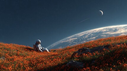 Astronaut sitting on a hill of red flowers overlooking a planet and crescent moon in space