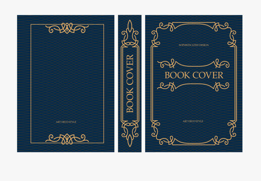 Classic vintage book cover and spine with gold and black art deco, art nouveau ornament, decorative frame, elegant retro style for classic publications, posters, artistic layouts.
