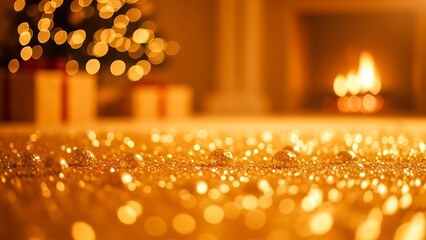 Golden glittering surface with blurred Christmas tree and fireplace in background