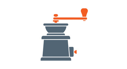 A clean, modern flat icon depicts a retro-style manual coffee grinder with a grey body and vibrant orange handle, perfect for culinary or beverage-related designs.