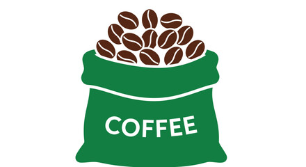 A simple graphic illustration depicting a vibrant green burlap sack overflowing with freshly roasted coffee beans, ideal for various design projects.