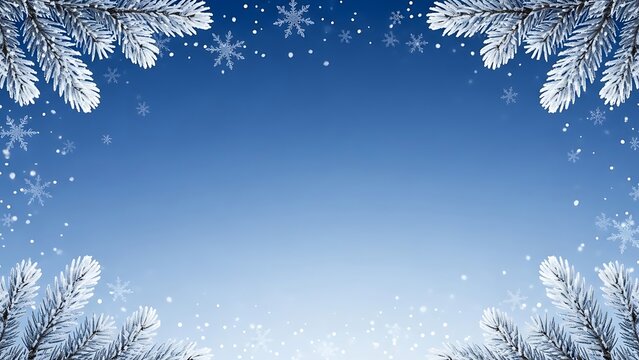 Winter scene with snow-covered pine branches and falling snowflakes against a blue sky