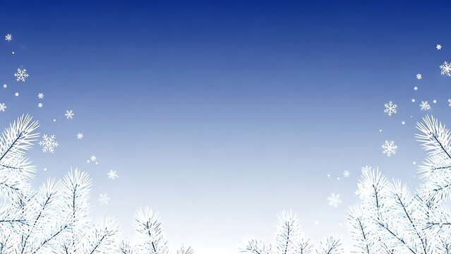 Winter landscape with snow-covered tree branches and falling snowflakes against a clear blue sky