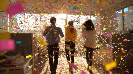 Casual Office Celebration with Confetti and Natural Light. High quality
