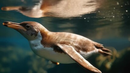A penguin swimming underwater with an orange beak and brownish body.