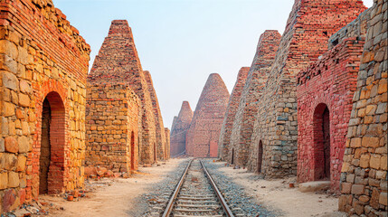 Historic brick beehive kiln row showing industrial manufacturing decline and warm light atmosphere