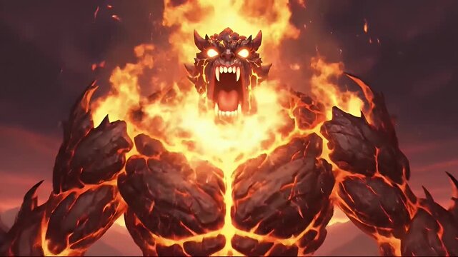 Massive lava golem monster arising from a fiery mountainous wasteland