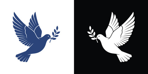 Blue and white dove of peace icon set holding an olive branch symbol
