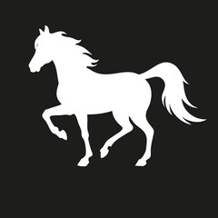 Obraz premium Horse silhouette icon. White walking horse logo isolated on a black background, side view. Vector illustration. Symbol of the New Year 2026. Perfect for a logo, icon, or emblem.
