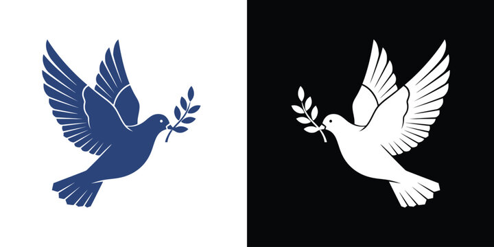 Blue and white dove of peace icon set holding an olive branch symbol