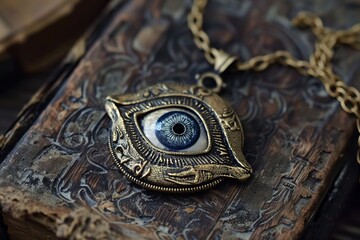Antique book with ornate cover is displaying a mysterious evil eye amulet necklace, suggesting spirituality and ancient wisdom
