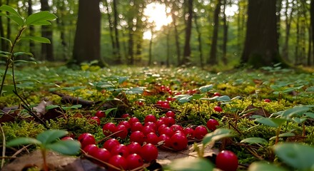 Red berries on the forest floor with sunbeams filtering through trees.