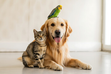 Golden Retriever Cat and Budgie on Head stock image