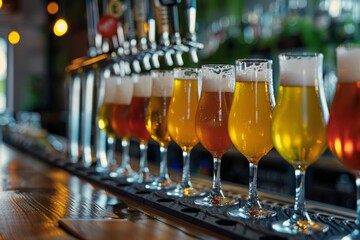 Row of beer glasses with different types of craft beer is standing on a bar counter