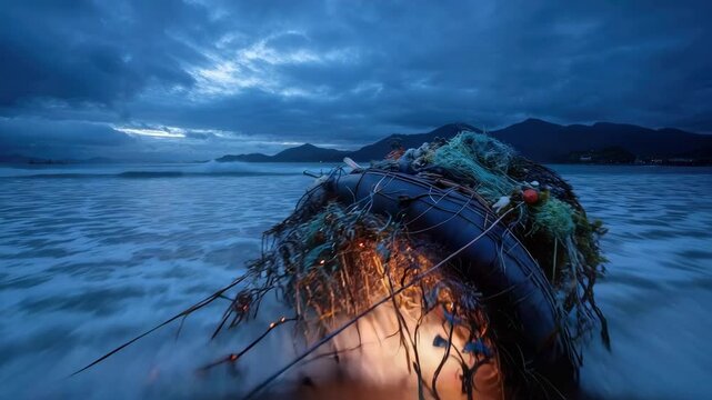 A glowing lantern tangled in seaweed on a moonlit beach, orange light shining from within as a string of lights trails in the wet sand.