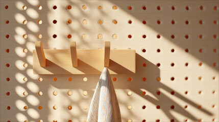 Wood pegboard with wooden hooks and hanging fabric shows manufacturing decline in craft industry under warm light, calm mood