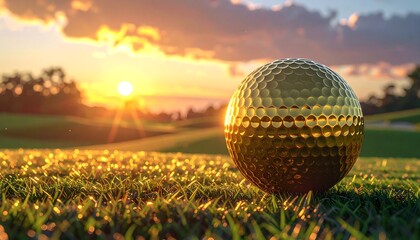 Golden Golf Ball on Green Grass at Sunset.