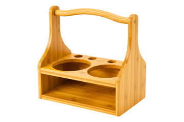 Natural bamboo wooden caddy for carrying bottles or condiments on a transparent background