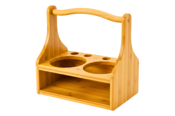 Natural bamboo wooden caddy for carrying bottles or condiments on a transparent background