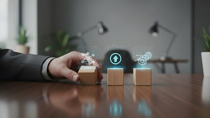 Professional's hand positioning wooden blocks with glowing digital icons, symbolizing strategic business process optimization, innovative solutions, and future growth for efficiency and success