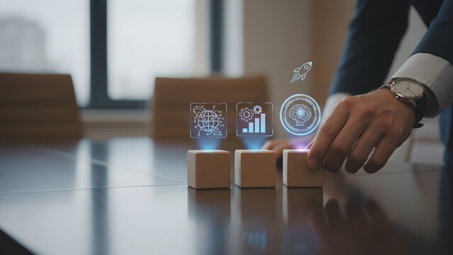 Business Innovation and Futuristic Technology Displayed on Wooden Blocks Digital Transformation