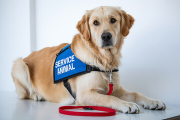 Golden Retriever service dog wearing blue vest service animal