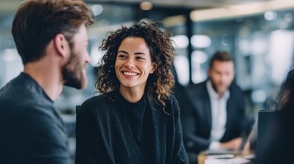 Business colleagues smiling and discussing during office meeting