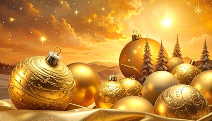 Golden Christmas Ornaments Glistening in a Magical Sunset.