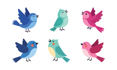 Cute cartoon birds in different poses and colors singing