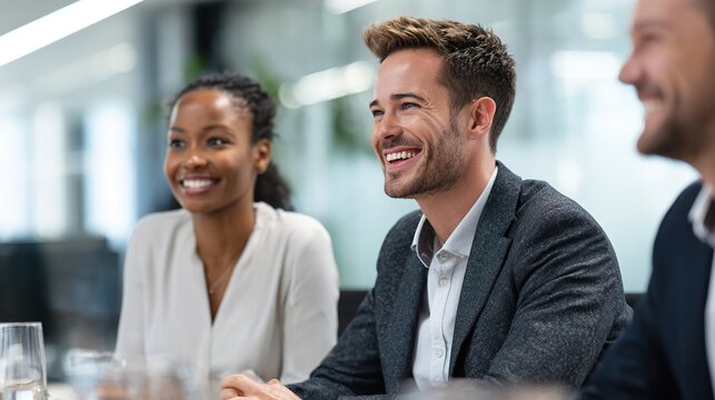 Diverse business professionals smiling during corporate meeting