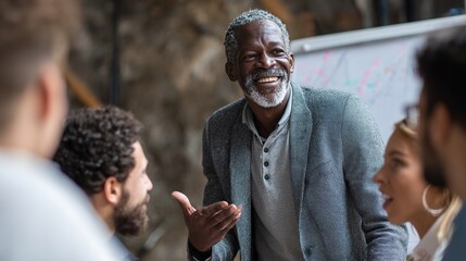 Senior black manager discussing with diverse business team