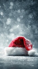 Santa hat resting in snow celebrating holiday season