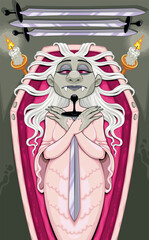 A funny vampire wakes up in his coffin. Vector cartoon horror illustration.
