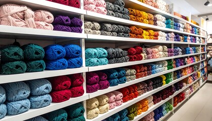 Colorful yarn rolls neatly stacked on store shelves, showcasing a spectrum of vibrant hues and textures, inviting creativity