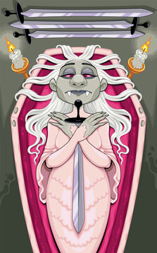 A funny vampire wakes up in his coffin. Vector cartoon horror illustration.
