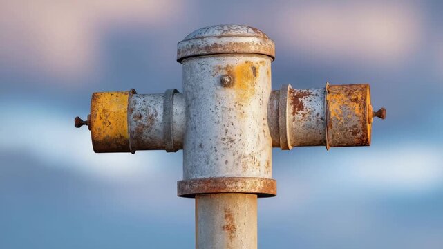 Rusty metal cross-shaped water valve mounted on a vertical pipe with yellow end caps against a blue sky.