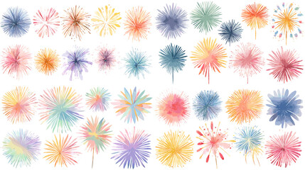 Watercolor illustration set of colorful fireworks bursts in soft pastel shades, featuring sparkling shapes and festive explosions perfect for celebrations and creative designs.
