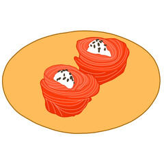 Hand-drawn illustration of two pieces of salmon sushi rolls, wrapped with fresh slices of raw salmon and topped with a creamy white filling and black sesame seeds